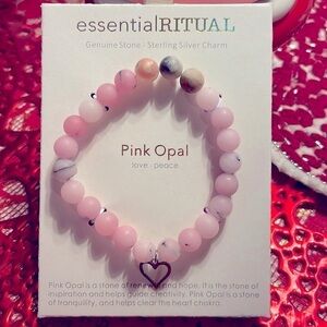 Brand New Essential Ritual Genuine Pink Opal Sterling Silver Heart Bead Bracelet